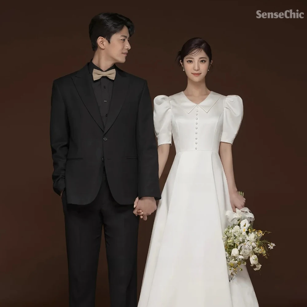 

Простые корейские свадебные платья с пышными рукавами и v-образным вырезом для фотосессии длиной до пола 웨딩드레스 Платье невесты трапециевидной формы по индивидуальному заказу