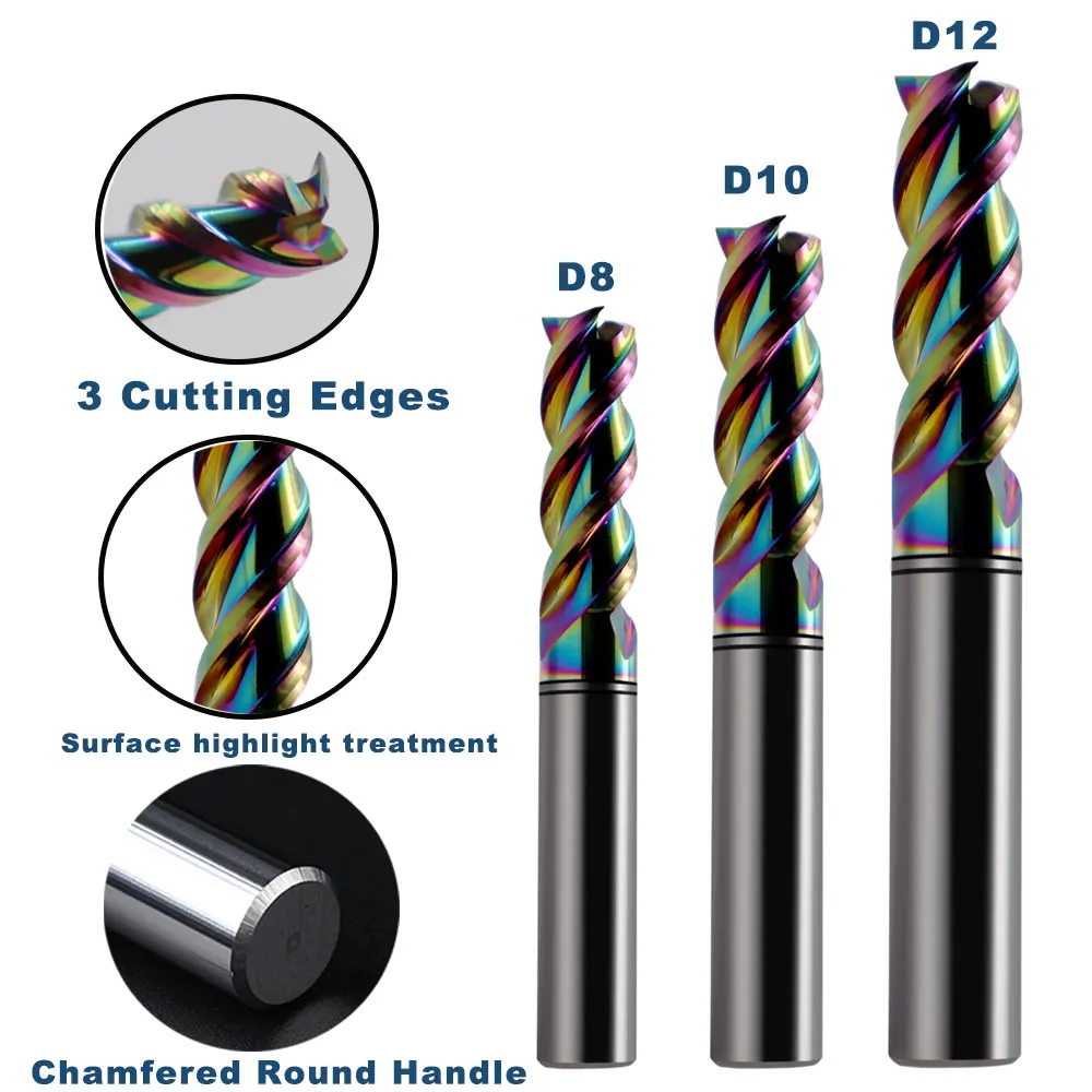 GYKKU HRC55 Colorful Milling Cutter For Aluminum Carbide End Mill Tungsten Steel Router Bit 3Flute For Fiberglass Acrylic Copper