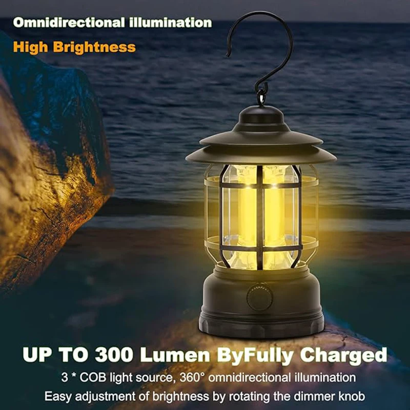 

Retro Portable Camping Lanterns Rechargeable 3 Color Dimmable Tent Light Outdoor Waterproof Flashlight Emergency For Fishing