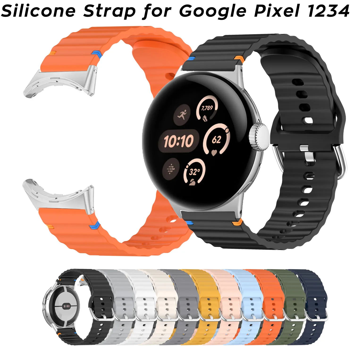 موجة مخيط حزام ساعة سيليكون لساعة جوجل بكسل 3 2 1 41 مللي متر 45 مللي متر المطاط سوار المعصم خياطة حزام (استيك) ساعة حزام #1