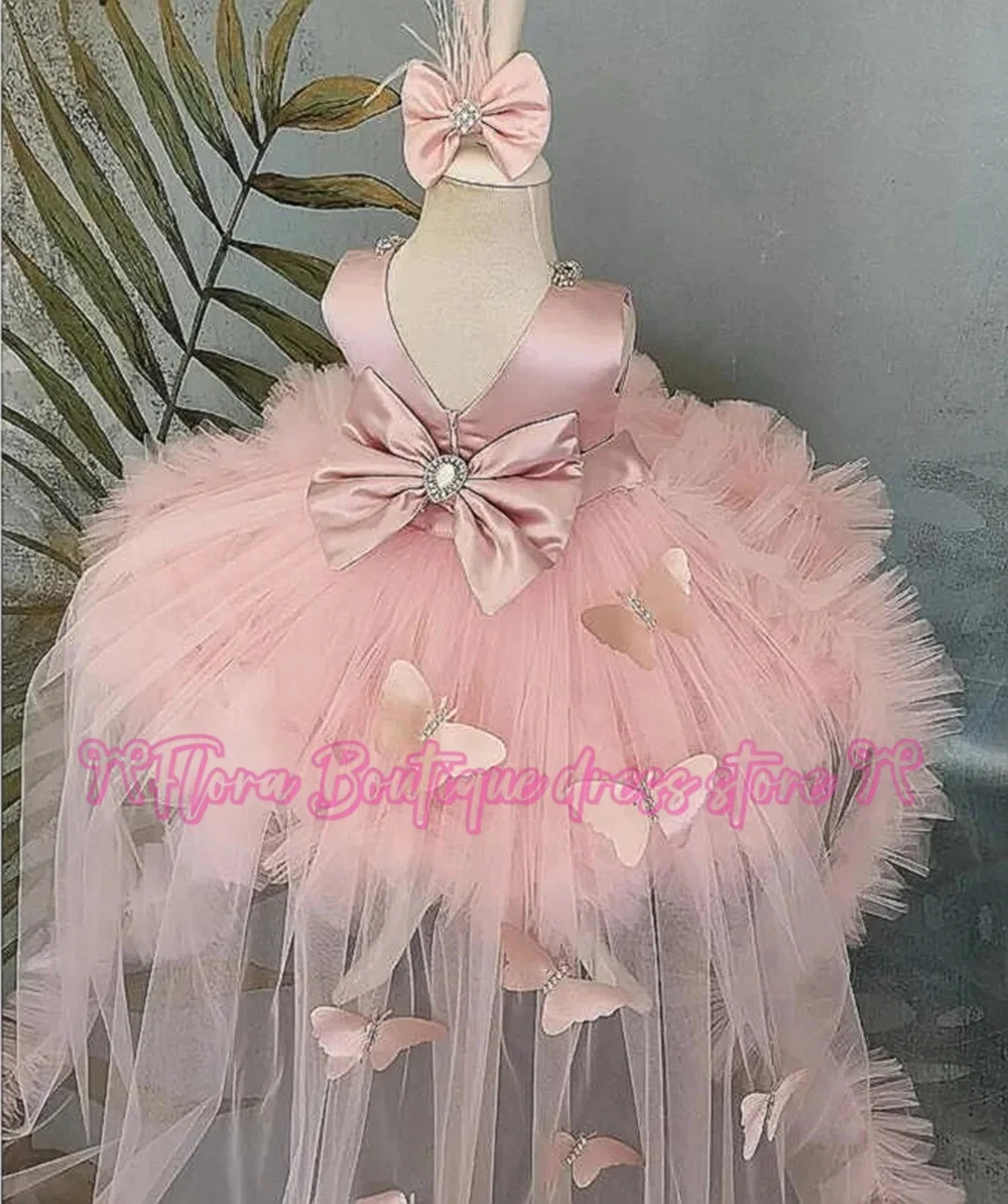 Customiz Puffy Girl Dress Pink Baby Dress Flower Girl Dress with Train Bow Cute Children's Kids Birthday Dresses First Communion