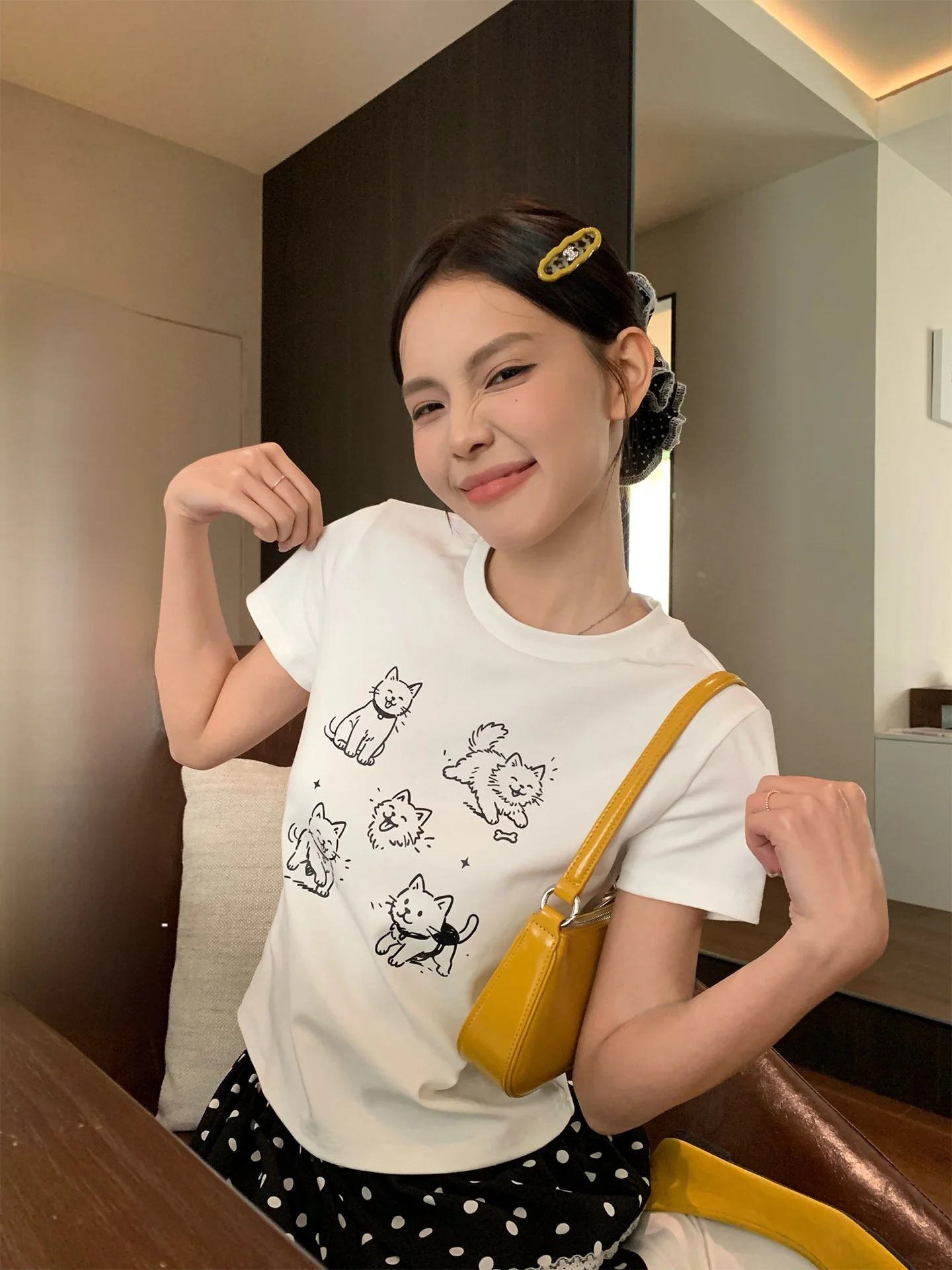 

Song Zhengen Women's round Neck Short Sleeve T-shirt Slim Fit Korean Style Summer New Fashion Print Top Comfortable Shoulder