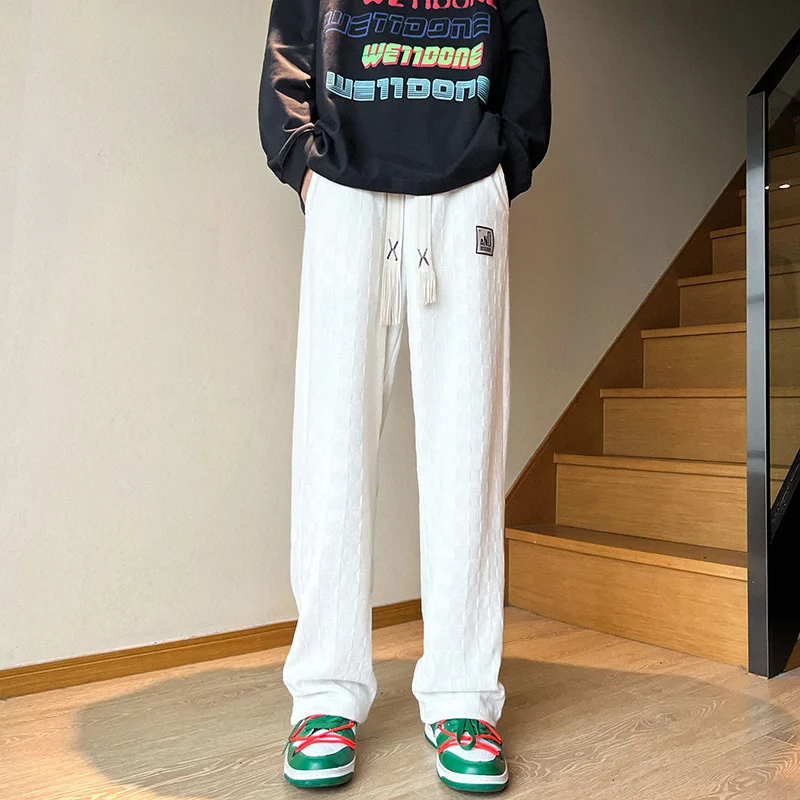 Spring Casual Pants Men Fashion Straight Plaid Pants Men Streetwear Hip Hop Loose Wide Leg Pants Mens Vintage Trousers M-3XL