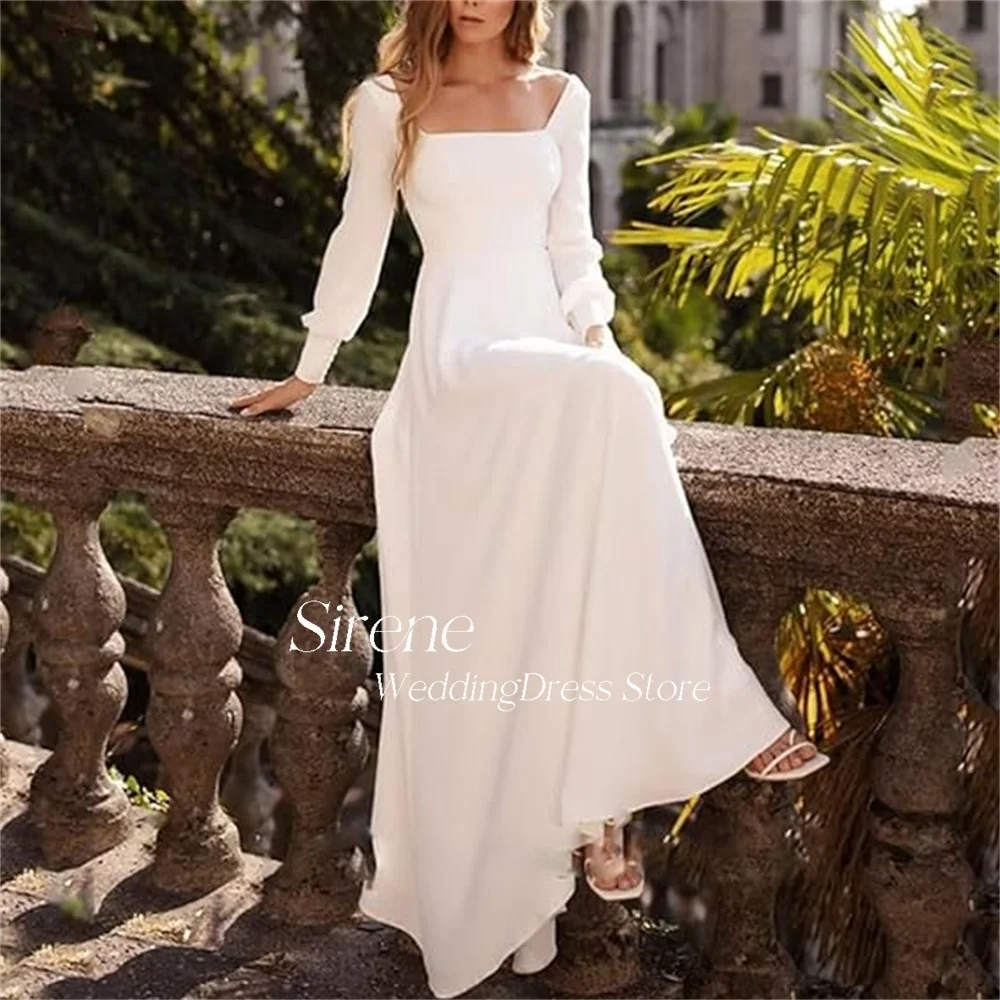 Sirene-Vestido de Noiva Branco com Decote Quadrado, Vestidos de Noiva Sem Costas, A-Line, Manga Comprida, Simples, Elegante, 2024