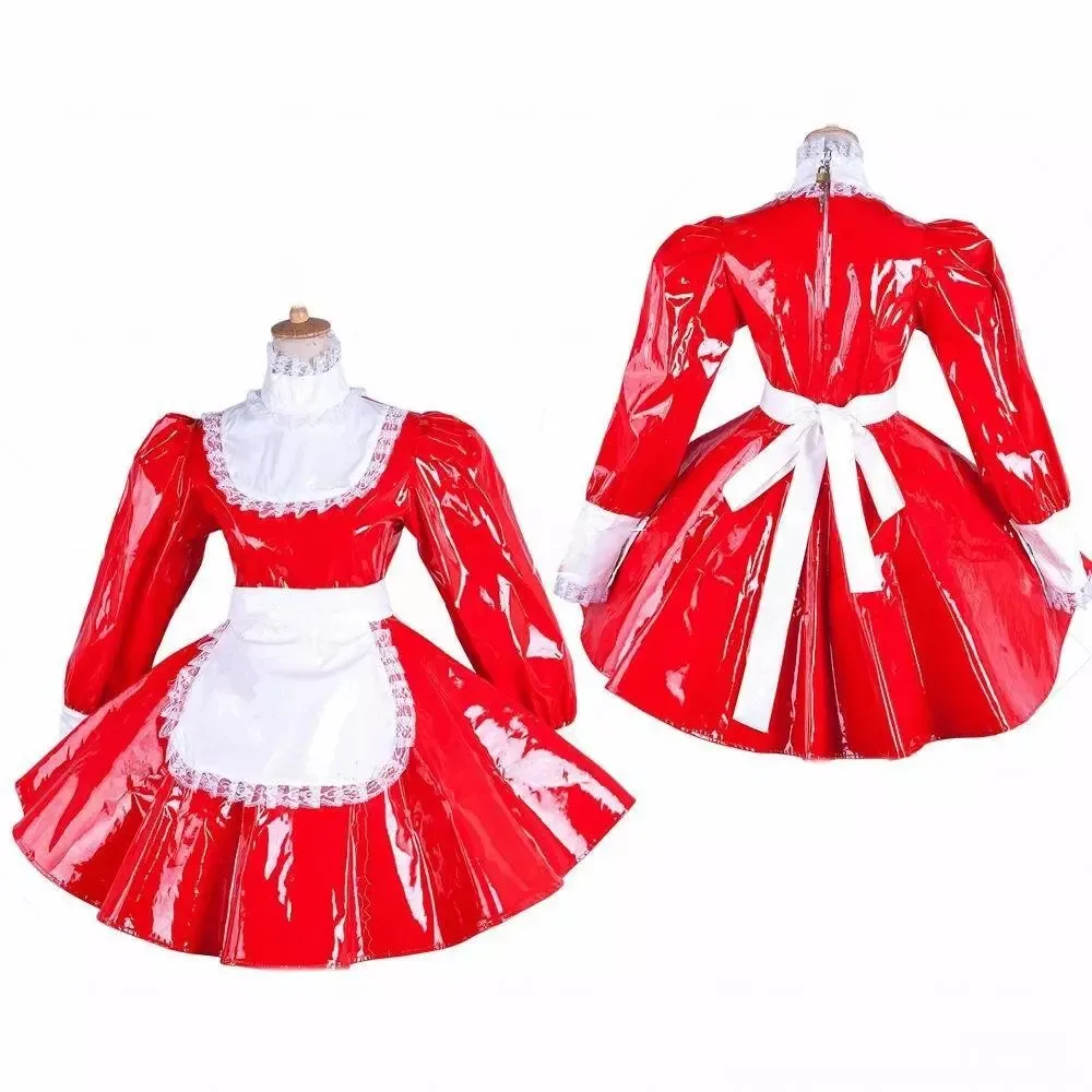 

Sexy sissy French maid red PVC lockable ruffle edge dress maid cosplay costume customizable