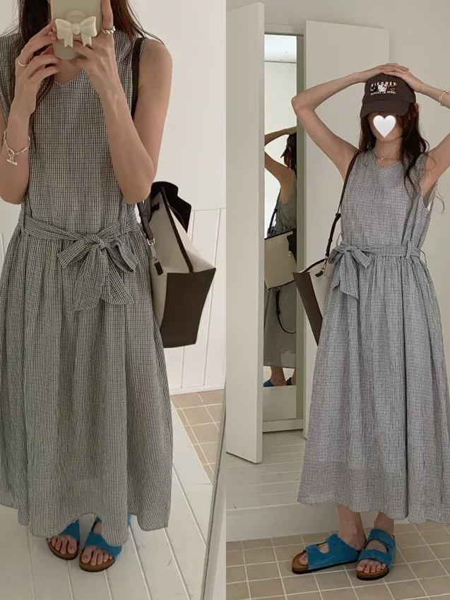 InsV-Ne Kolorowa Krata Kamizelka Dr Damska Letnia Nowa Retro Przeciwstarzeniowa Spódnica Długa z Paskiem w Talii Bez Rękawów Dzianinowa Dr