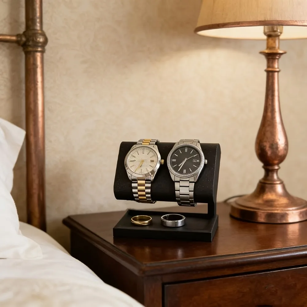 Double-Sided Watch and Jewelry Display Stand with a Brushed Surface Storage Tray a Multi-Functional Watch Storage Rack