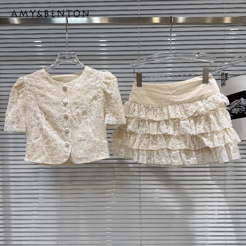 

Heavy Industry Embroidery Bubble Sleeve Women's Short Sleeve Top 2026 Summer New Lace Hollow Out Splicing Cake Skirt Sets Ladies