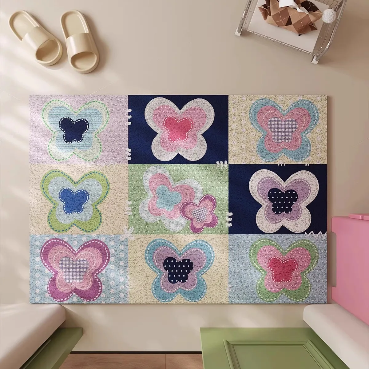 

Butterfly Y2K Door Mat Pink Butterfly Rug Mat Non-Slip Mat Entrance Porch Silk Ring Dust Resistant Dirt Mat Carpet
