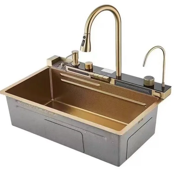 handmade kitchen sink nano black gold glass washer sink defrosting board kitchen tap Multi function kitchen sink set