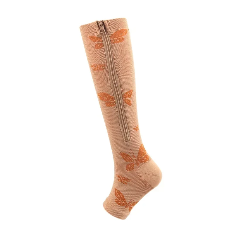 New Compression Zipper Socks Stretch Leg Support Unisex Open Toe Over The Knee Stockings