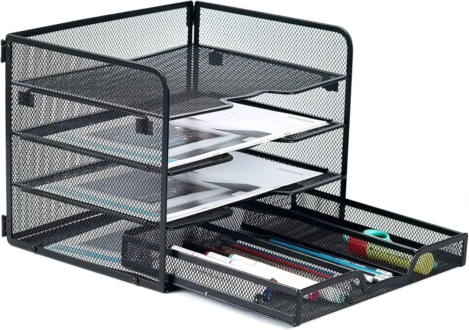 4-Tier Mesh Paper Letter Tray,Desk File Organizer with  Sliding Drawer,Office Supplies Desk Organizer for  Office,Black.