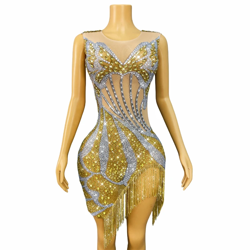 Bar club nocturno DJ traje de baile de Jazz diamantes de imitación dorados celebrar vestido con flecos mujeres vestido de noche de fiesta ropa de escenario XS10473