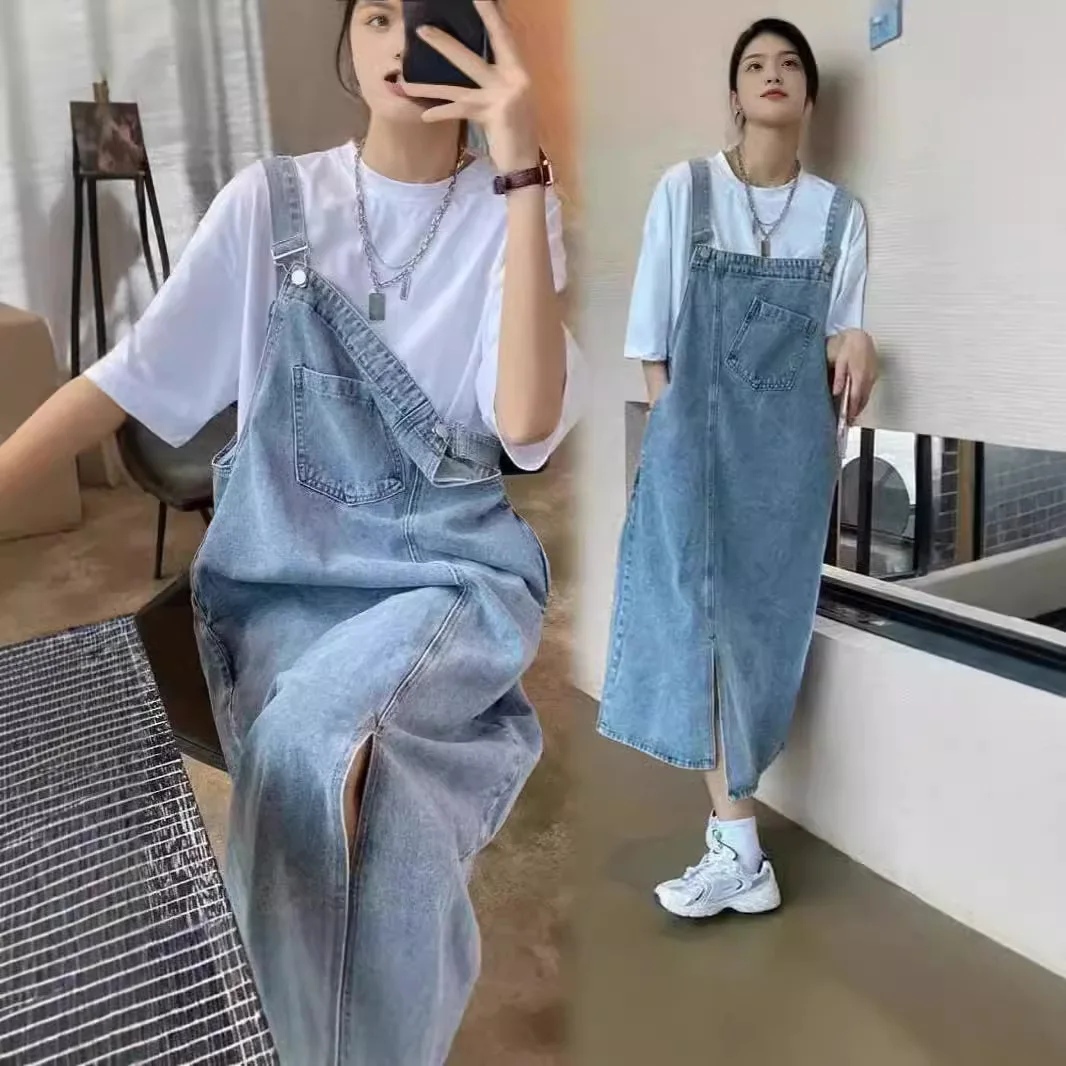 

Casual Denim Halter Dress Women's Spring Autumn Small Design Loose plus Size Comfortable Long Jeans Fabric Gown