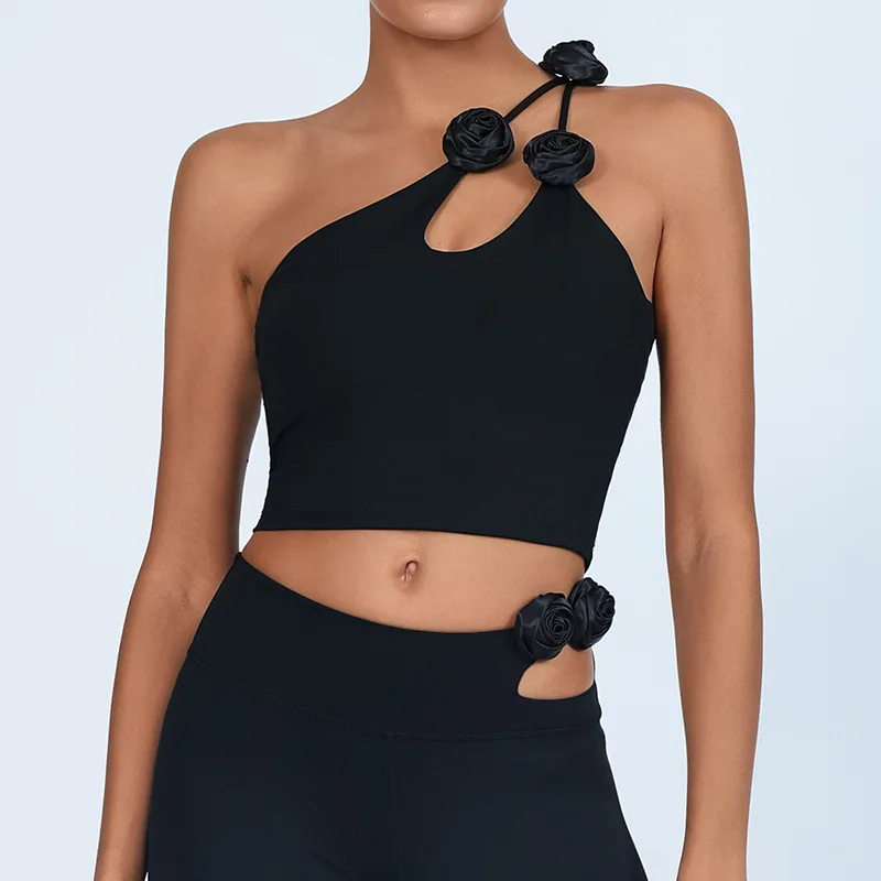FUBEIKE Oblique Shoulder Strap Yoga Clothes Flower Slimming Quick-Drying Sporty Woman Top Running Fitness Clothes Sportswear