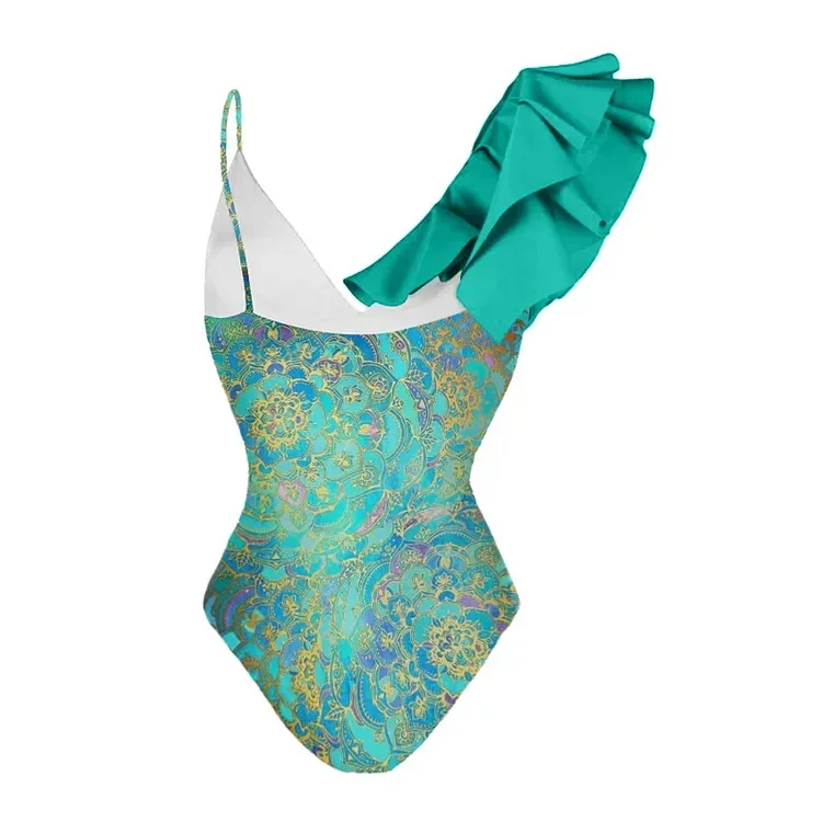 One Piece Swimsuit For Women European And American One-piece Swimsuit Women's Lotus Leaf Edge Ethnic Style Printed One-piece Swi