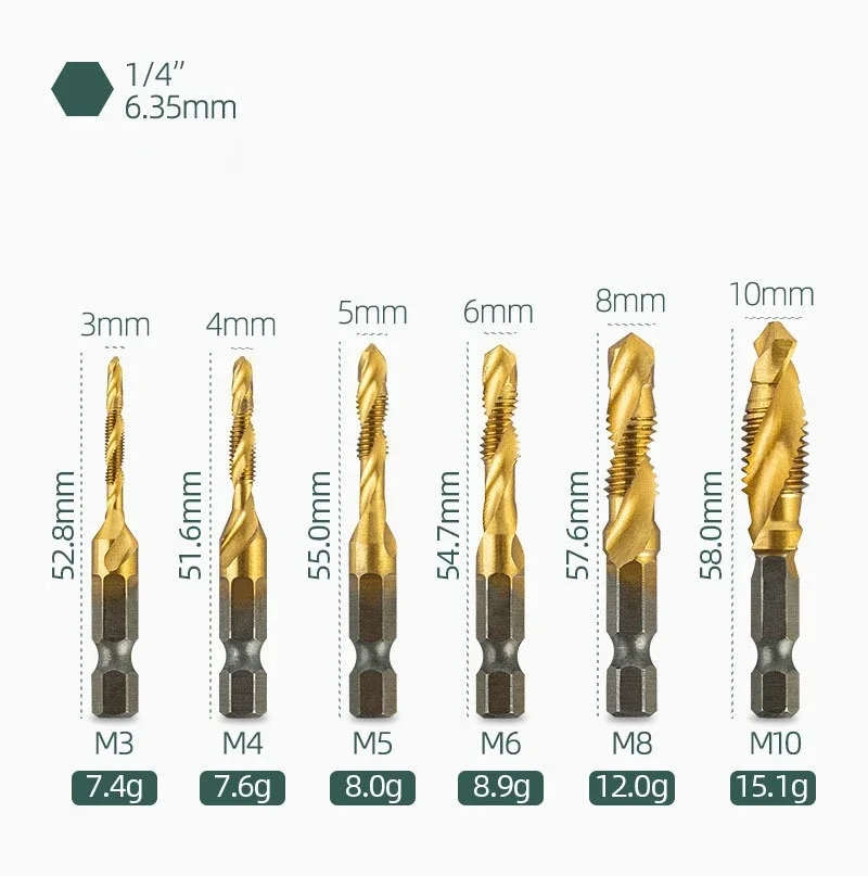Titanium Plated Tap Drill Bits Set Hex Shank HSS Screw Machine Compound Hand Tools for Drilling And Tapping Metric Threads