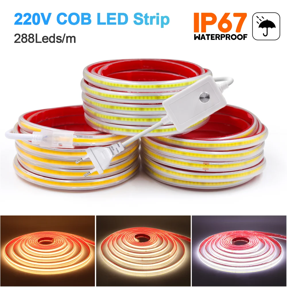 

AC220V COB LED Strip Light with Dimmer/Switch/EU Plug 288Leds/m Dimmable Adhesive High Bright LED Tape Waterproof Outdoor Lamp