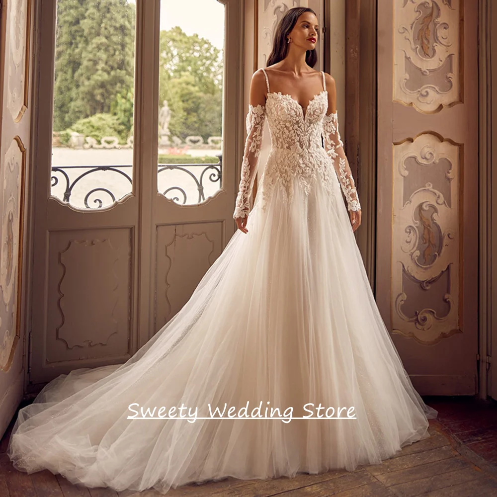 

Woman Wedding Dress Robe De Mariee Customized Detachable Long Sleeves V Neck See Through Beading Applique Bridal Gown