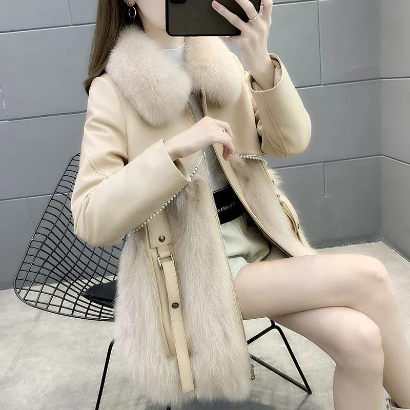 2023 Winter New Women Faux Fox Fur Coat Fashion Casual Mid length version Warm Outcoat Female temperament solid color outwear