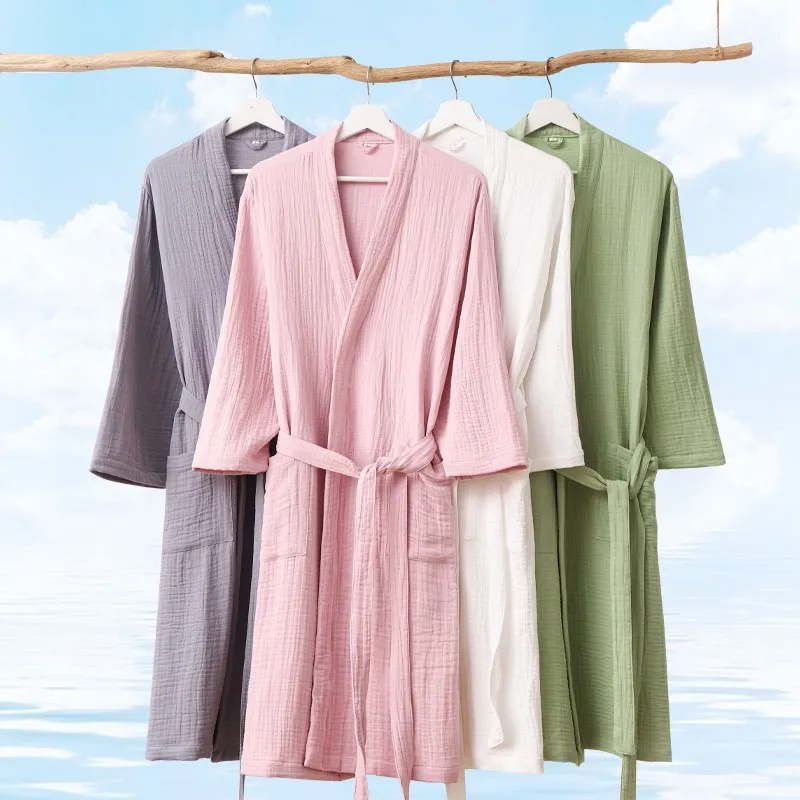 Solid Three Layers Gauze Bathrobe Kimono Women 100% Cotton Bath Robe Nightgown Soft Kids Water Uptake Robe 4 Season Sleepwear