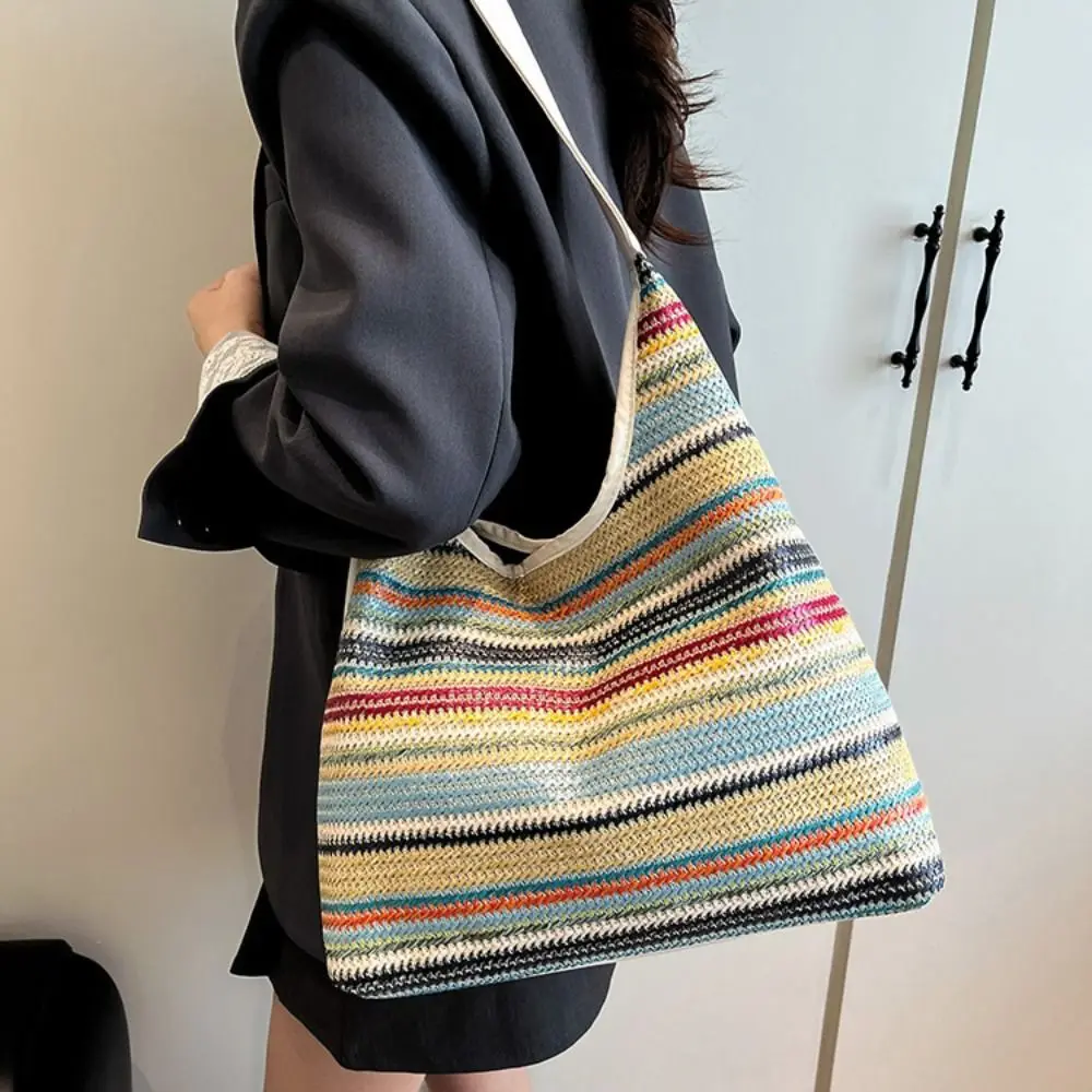 

Casual Beach Handbag Weave Straw Bag Large Capacity Bohemian Style Rainbow Beach Bag Lazy Style Hollow Tote Bag Vacation