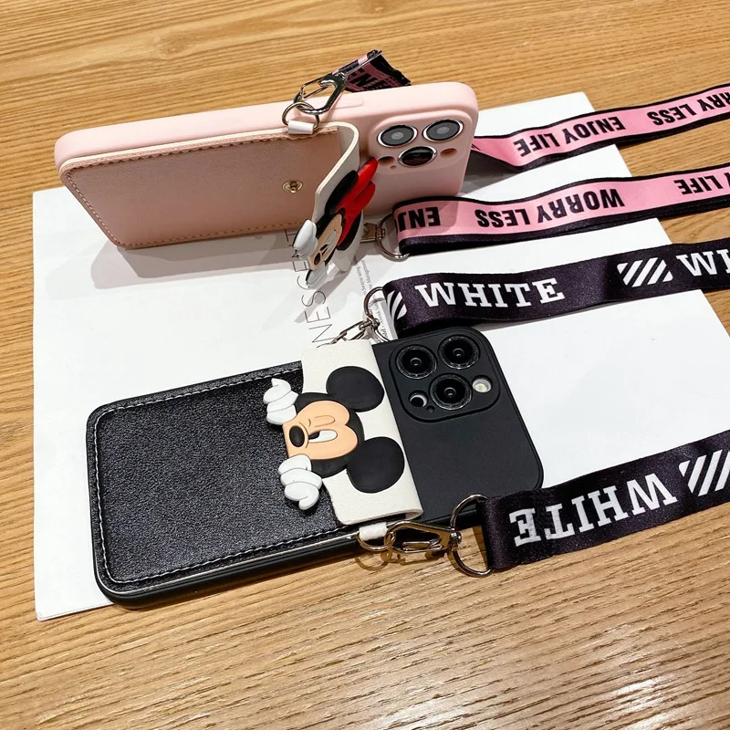 Crossbody Phone Case For iPhone 16 15 14 13 12 11Pro Max Anti-drop Shockproof Soft Phone funda Mickey Mouse Minnie Mouse Cover