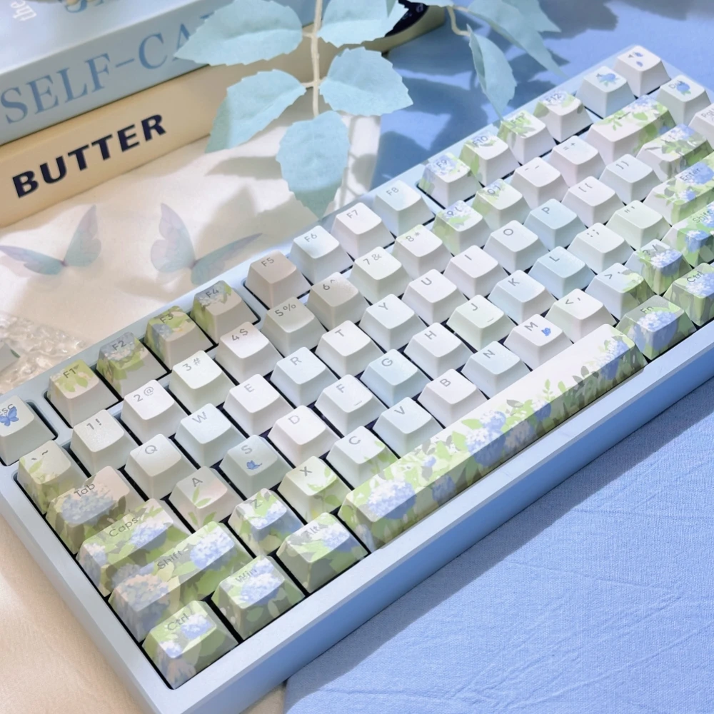 

Endless Summer Keycap PBT Sublimation Cherry Side Engraved QX3 Elegant Blue Green Hydrangea Keycaps for Mechanical Keyboards