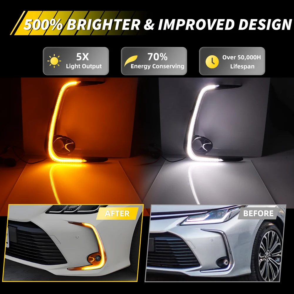 2X For 2019 2020 2021 2022 Toyota Corolla Sedan Front Fog Light Bezel Turn Signal Light DRL Light Daytime Running Light With LED