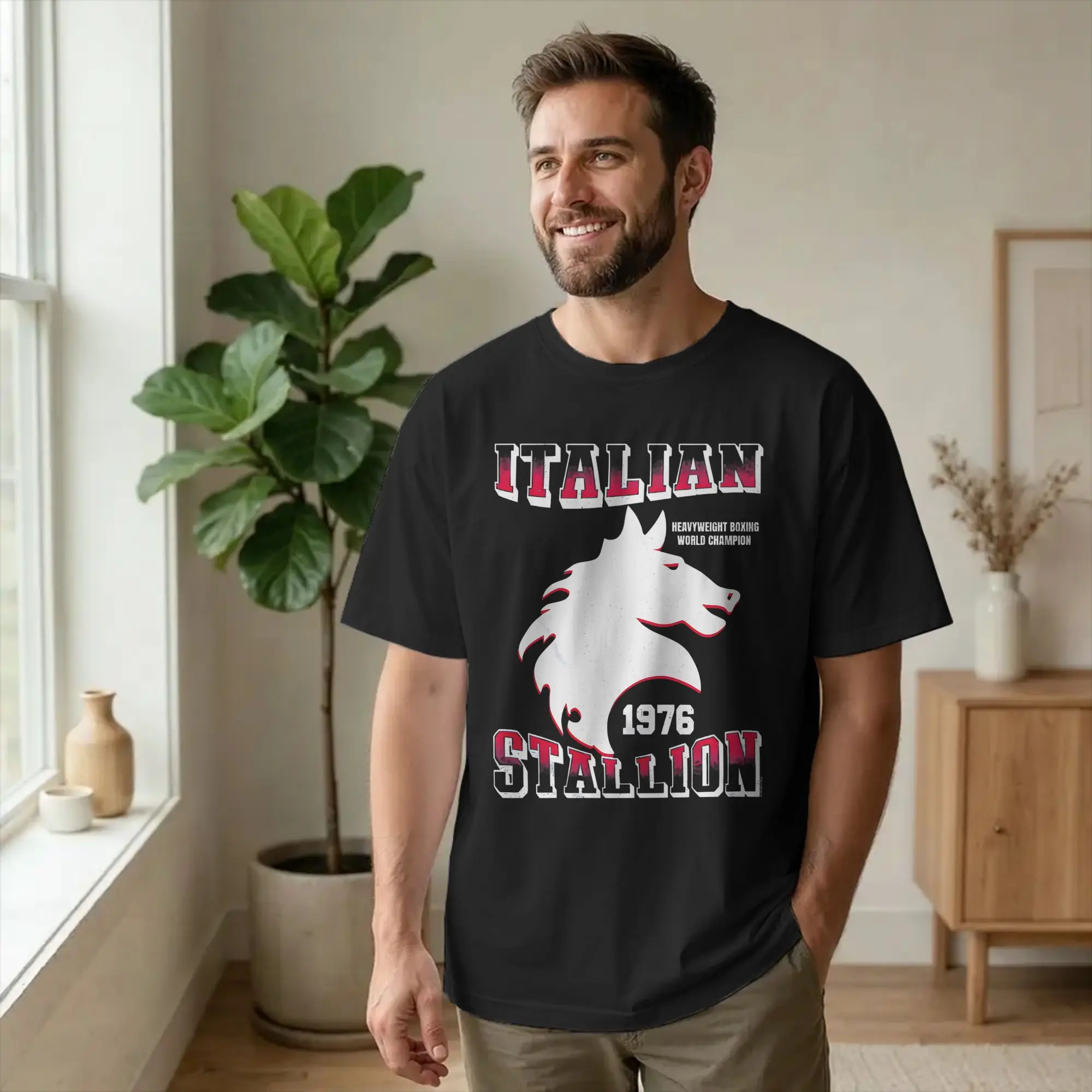 Rockys Italian Stallion World Champ 76 T Shirt Men Cotton Vintage T-Shirts Round Neck Balboa Tees Short Sleeve merchandise Adult
