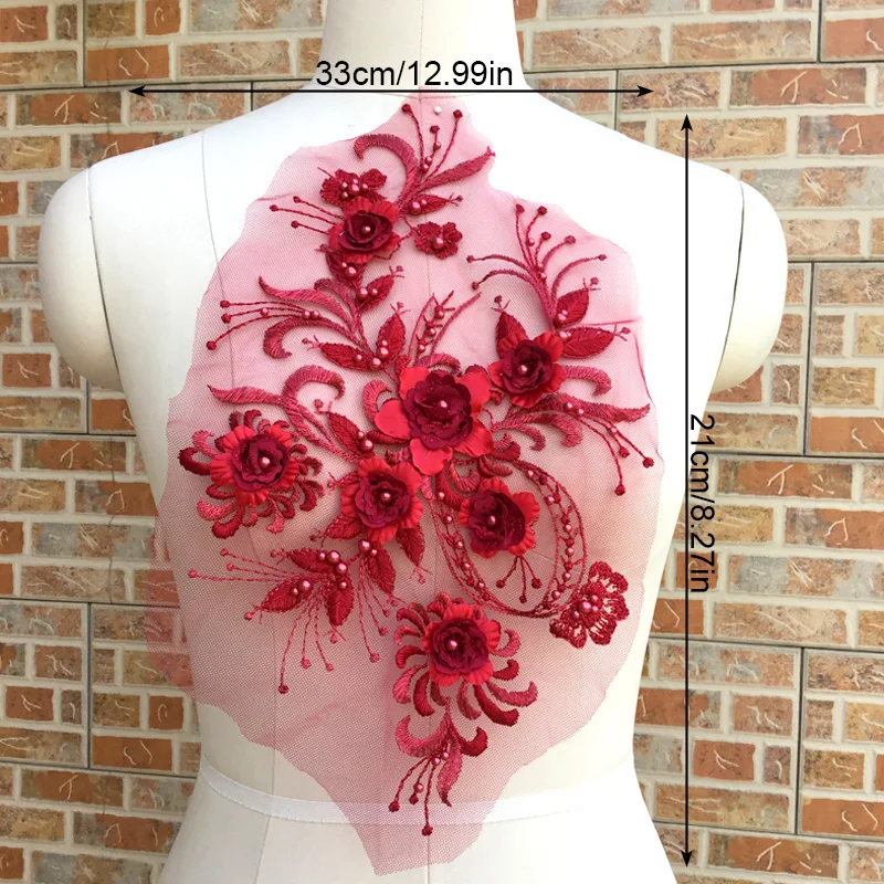 1Pcs 3D Flower Lace Fabric Beads Rhinestone Embroidered Gown Appliques Sew Patches for Wedding Dress Decor DIY Sewing Accessory