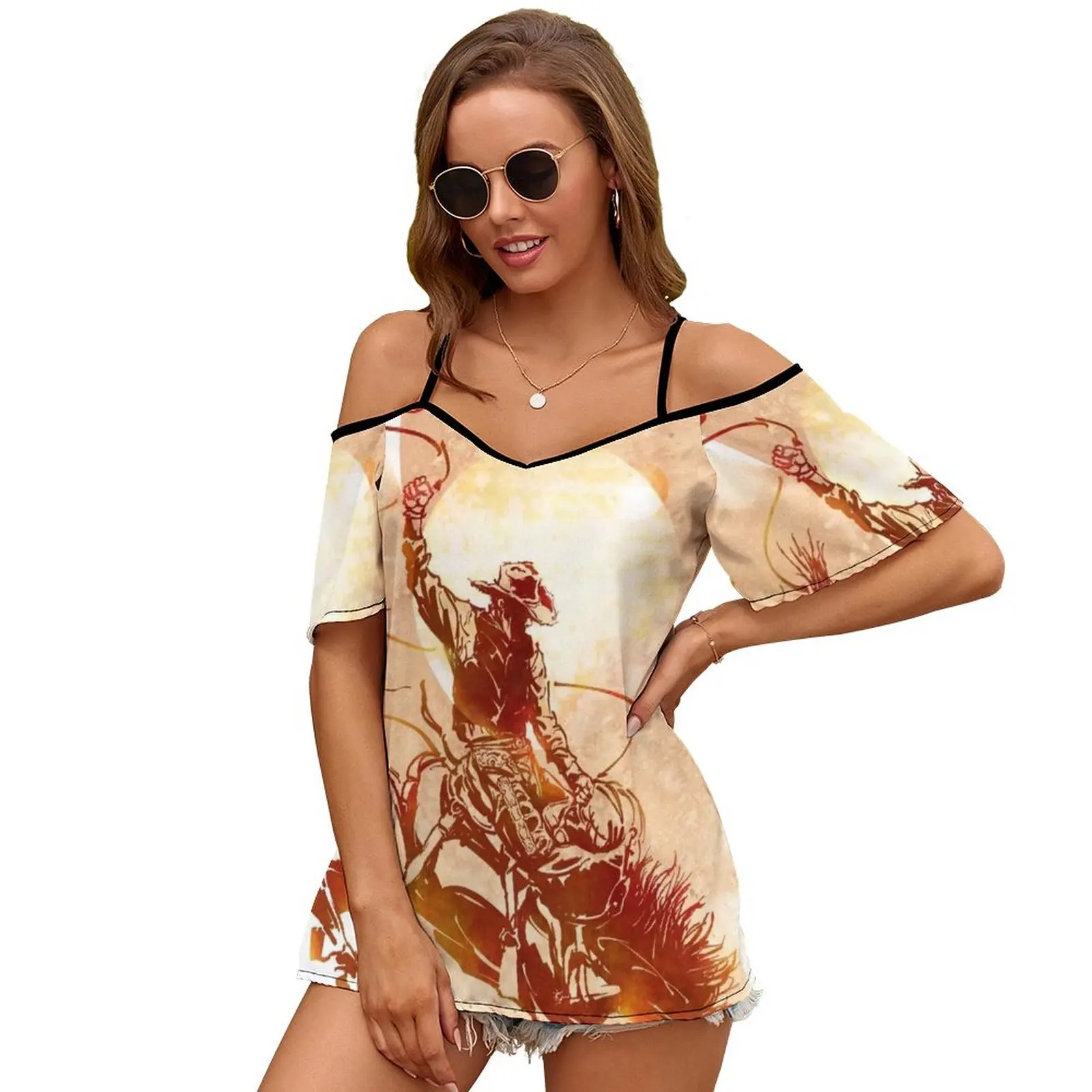 Bucking Bronco Print O-Neck Off-The-Shoulder Top Short-Sleeved T-Shirt Ladies Streetwear Cowboy Bronco Bucking West Energy