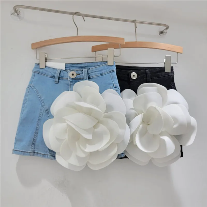 

Spring Summer Women 3D Flowers Denim Shorts Skirt Spring Summer Loose Wrap Hip Jeans Skirt Cowboy Short Dress Faldas Mujer 2024