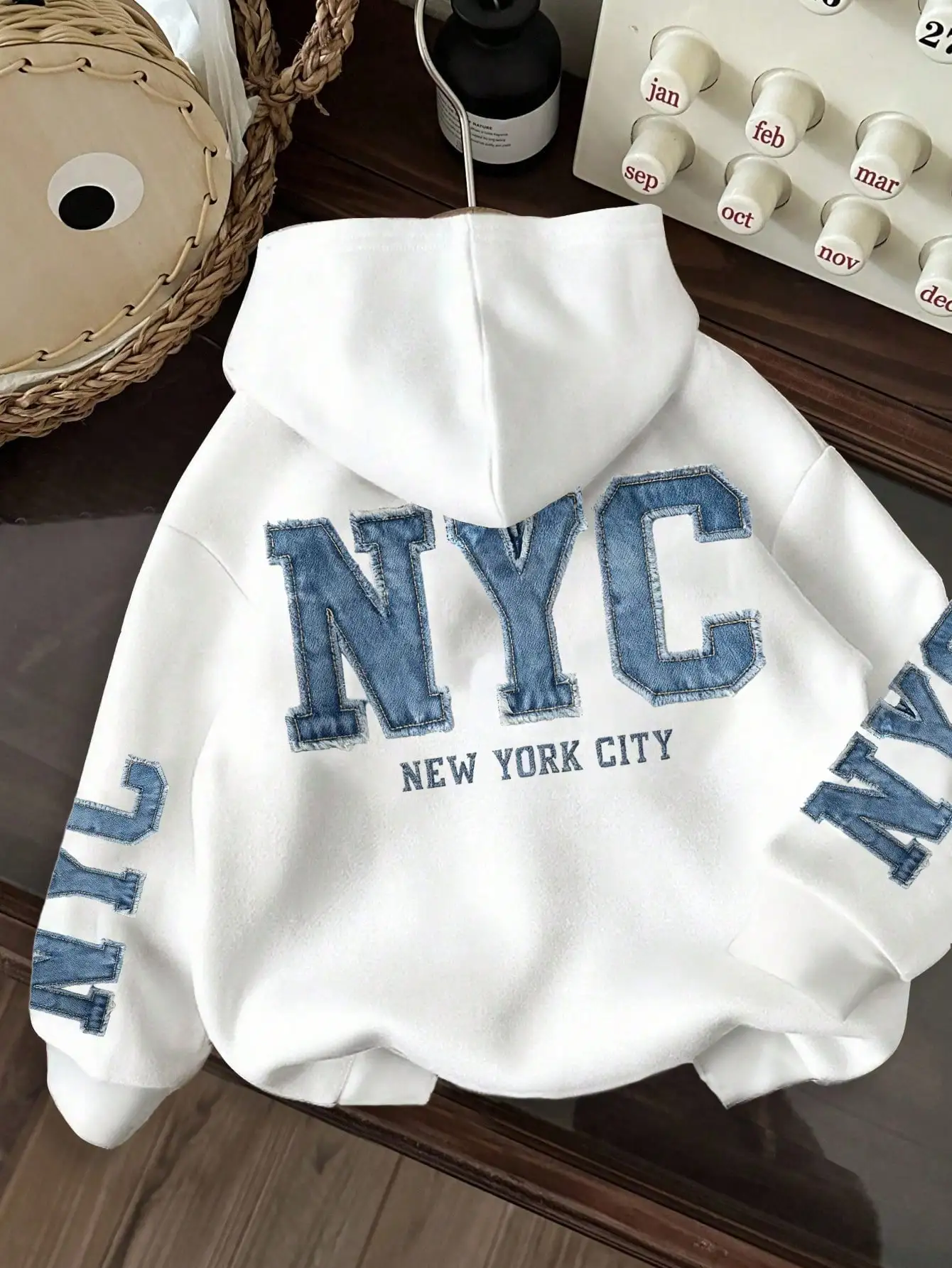

Women's NYC Denim Applique Hoodie, Oversized Long Sleeve Sweatshirt with Letter Design