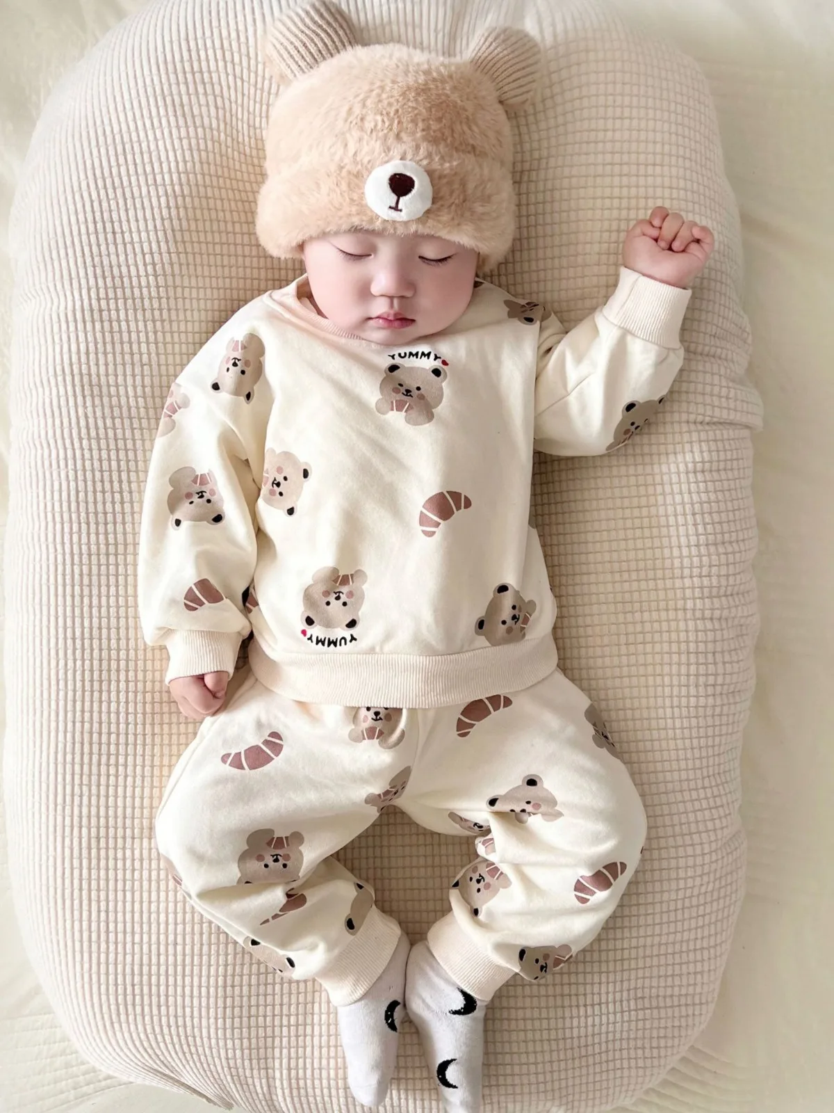 

2024 Spring New Baby Long Sleeve Clothes Set Toddler Cute Bear Print Sweatshirt + Casual Pants 2pcs Suit Infant Boy Girl Outfits