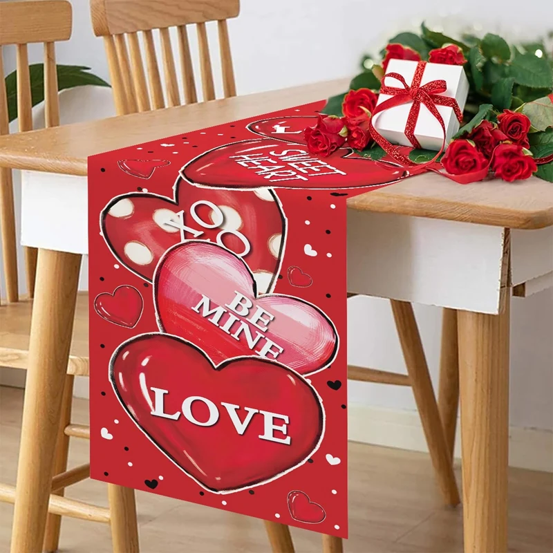 Happy Valentine\'s Day Table Runner Polyester Love Heart Table Flag Dining Table Decoration For Wedding Bride Party Tablecloth