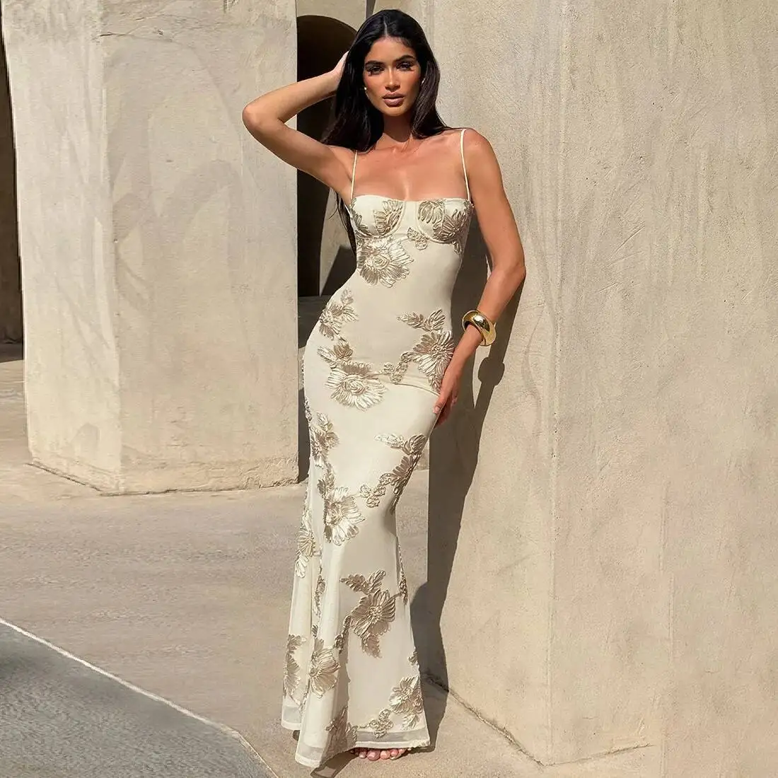 Sexy Abend-Club-Party-Kleider 2022, Damen, Sommer, Herbst, Blumenmuster, Mesh, Maxi-langes Kleid, figurbetont, Bnadage, rückenfrei, Meerjungfrau-Robe