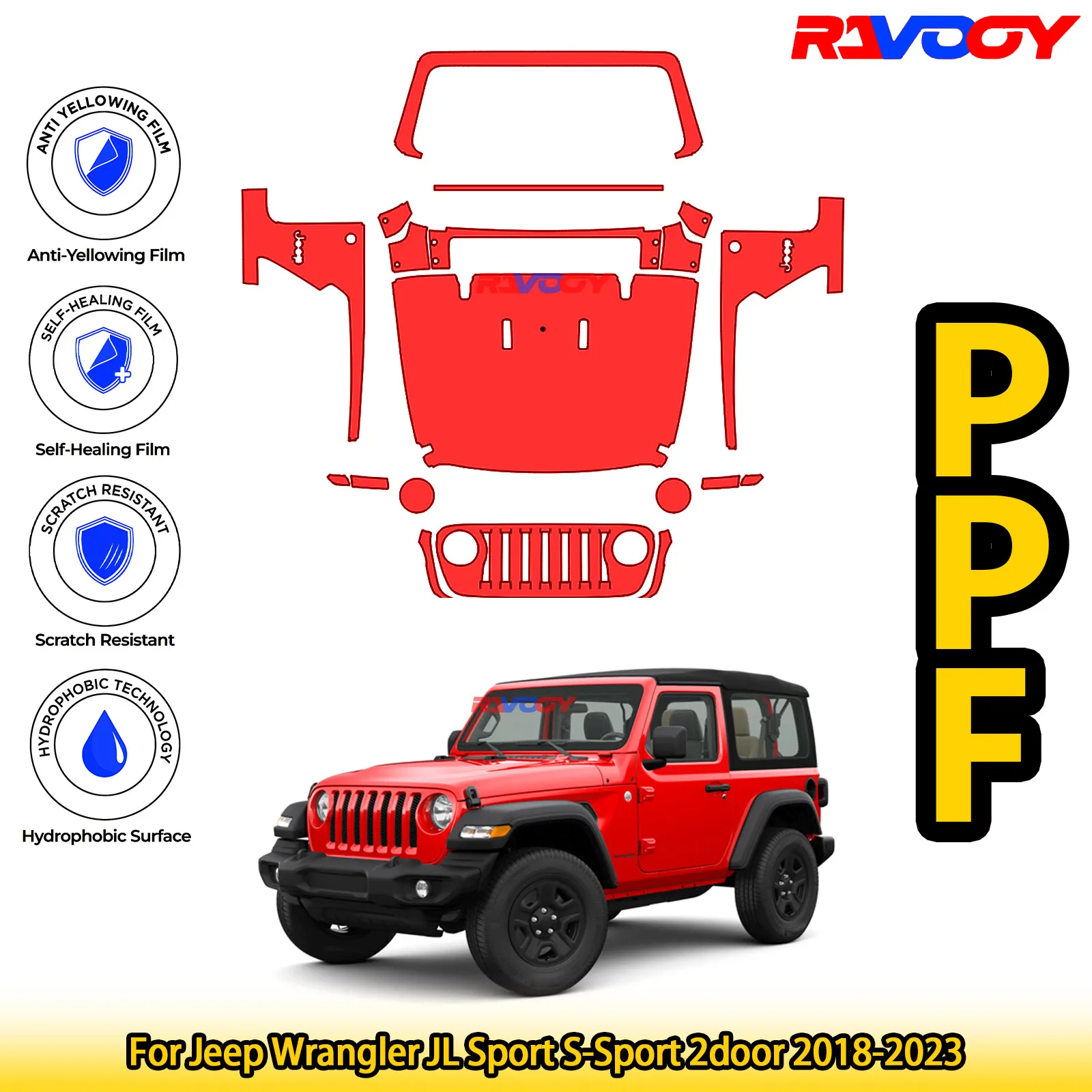 Для Jeep Wrangler JL Sport S-Sport 2door 2018-2023 глянцевая матовая черная предварительно вырезанная передняя PPF комплект защитная пленка для краски Для Jeep Wrangler JL Sport S-Sport 2door 2018-2023 глянцевая матовая черная предварительно вырезанная передняя PPF комплект защитная пленка для краски