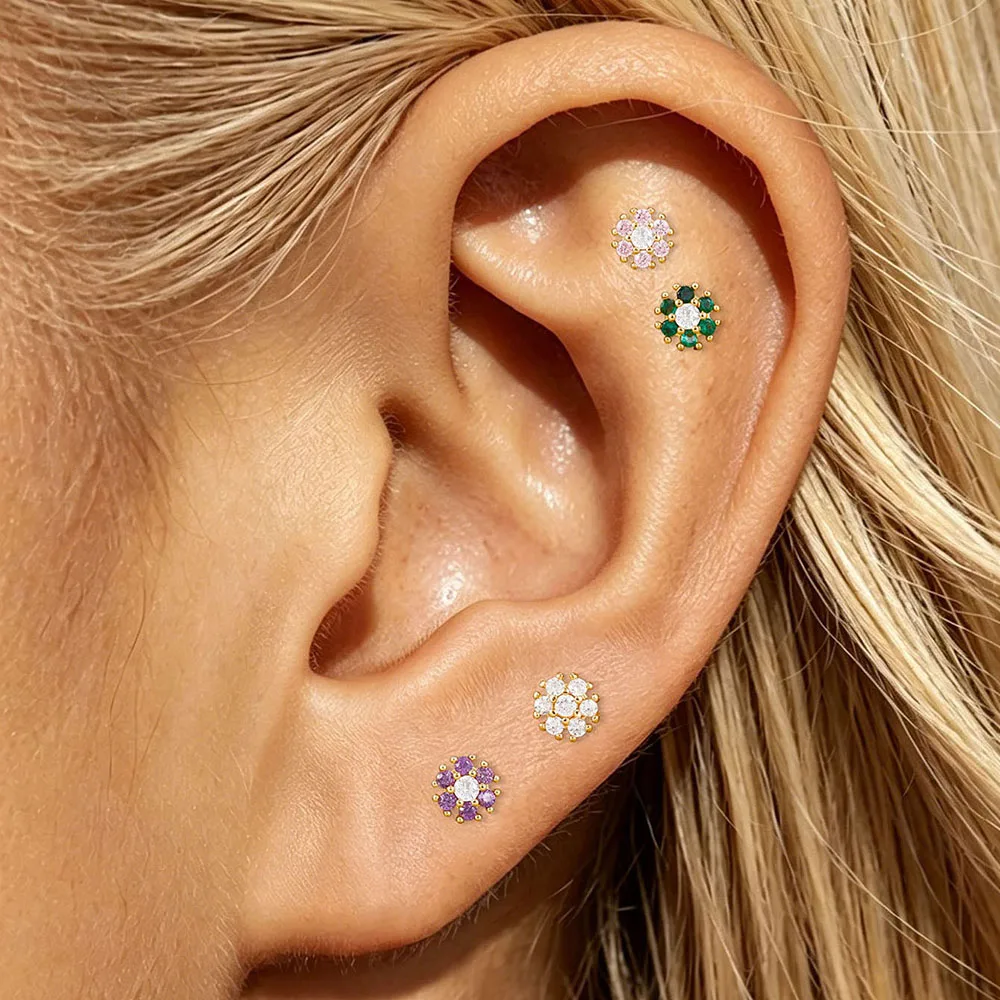 4PCS Compact Dainty 14K Gold Plated Ear Stud Set Earrings for Women Green/Purple/Pink/White Zircon Flower Jewelry Girl Gift