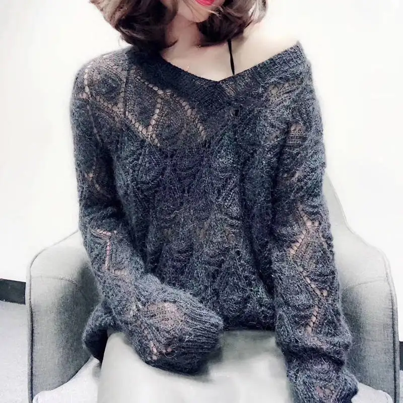 Sweater Pullovers Women Simple Temperament Hollow-out Korean Style Tender Young Ladies All-match Ins Casual Solid V-neck Elegant