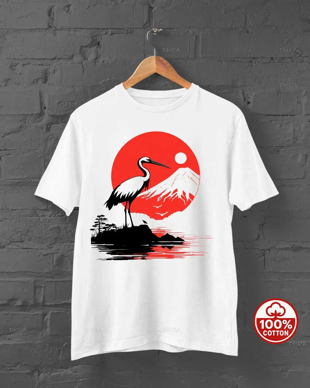 Japanese Crane T-Shirt – Red Sun Tsuru Graphic Tee, Oriental Art Unisex Cotton Top