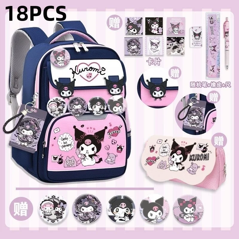 Miniso Sanrio School Bags For Teenage Girls 18pcs Kuromi Kawaii High Capacity Students Backpacks Reflective Stripe Cute Bookbag