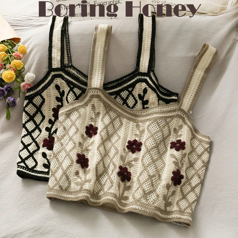 

Boring Honey Summer Clothes For Women Knitted Hollow Out Sleeveless Floral Embroidery Retro Casual Tops Crochet Beach Crop Tops