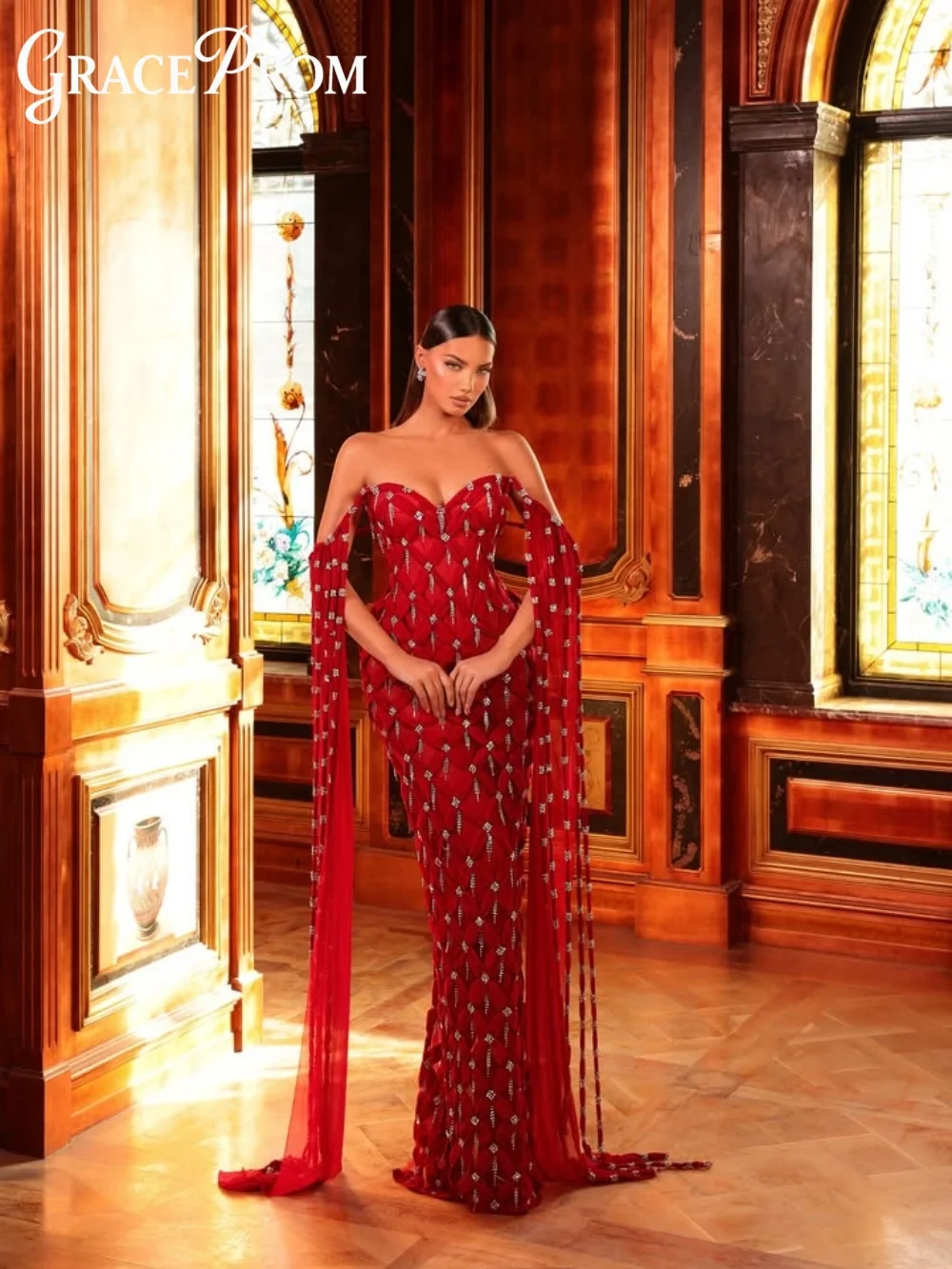 

Вечернее платье GraceProm с открытыми плечами 2026, ослепительное ковровое платье с кисточками, модное вечернее платье длиной до пола с кристаллами فساتين 미