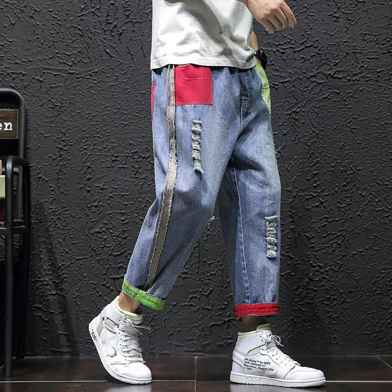 Spring Summer New Fashion Button Zipper Ankle Length Pants Man High Street Casual Loose Cotton Pocket Hole Patchwork Trousers