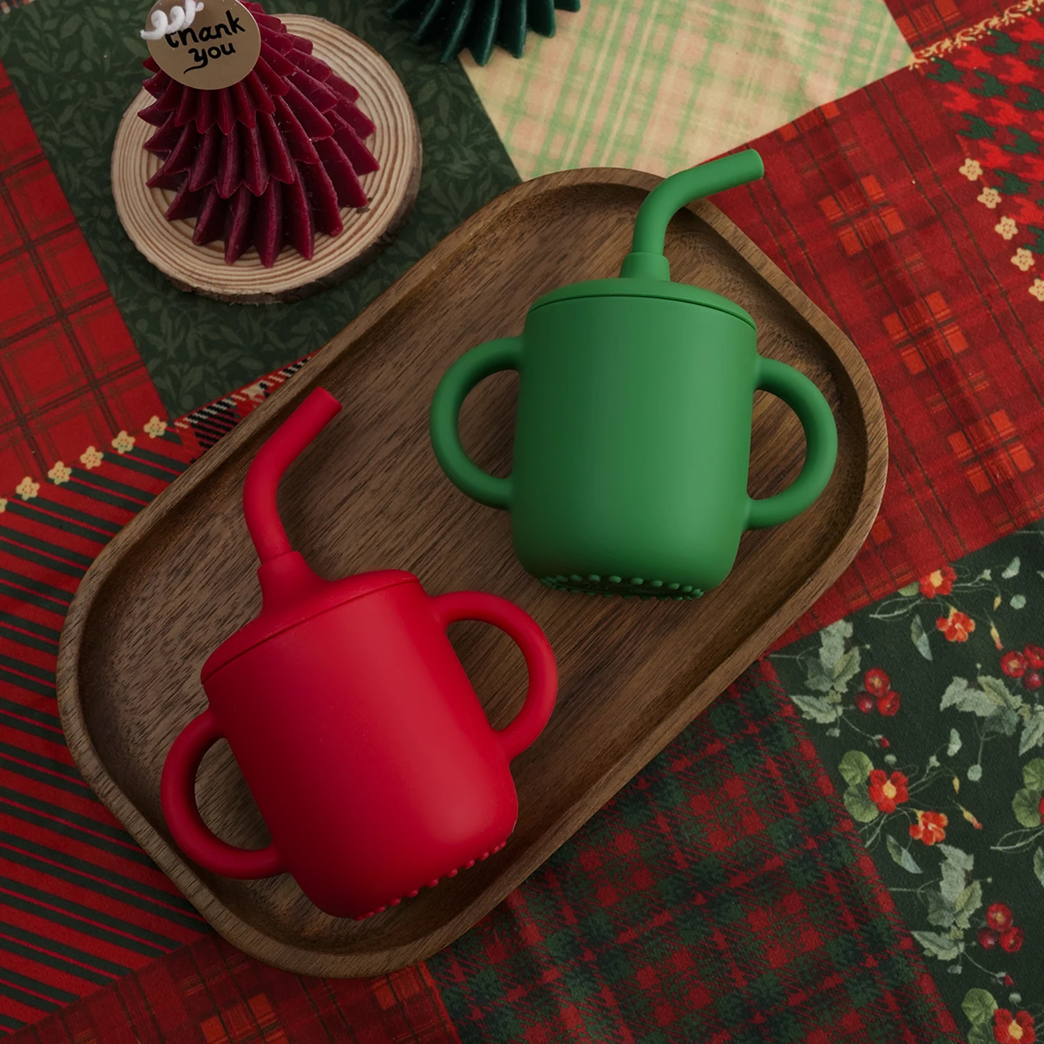 لون الاطفال 1 قطعة تغذية الطفل كوب بقشة مقبض مزدوج BPA الحرة الرضع سيليكون كوب التعلم التدريب مياه الشرب هدية الكريسماس #2