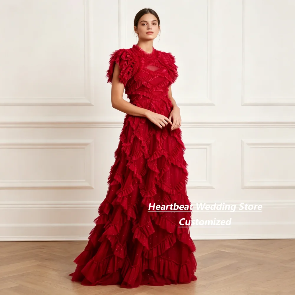 Customized Red High Neck Ruffle Mother Of The Bride Gown Short Sleeve Glitter Tulle Tiered A Line Floor Length Evening Dress