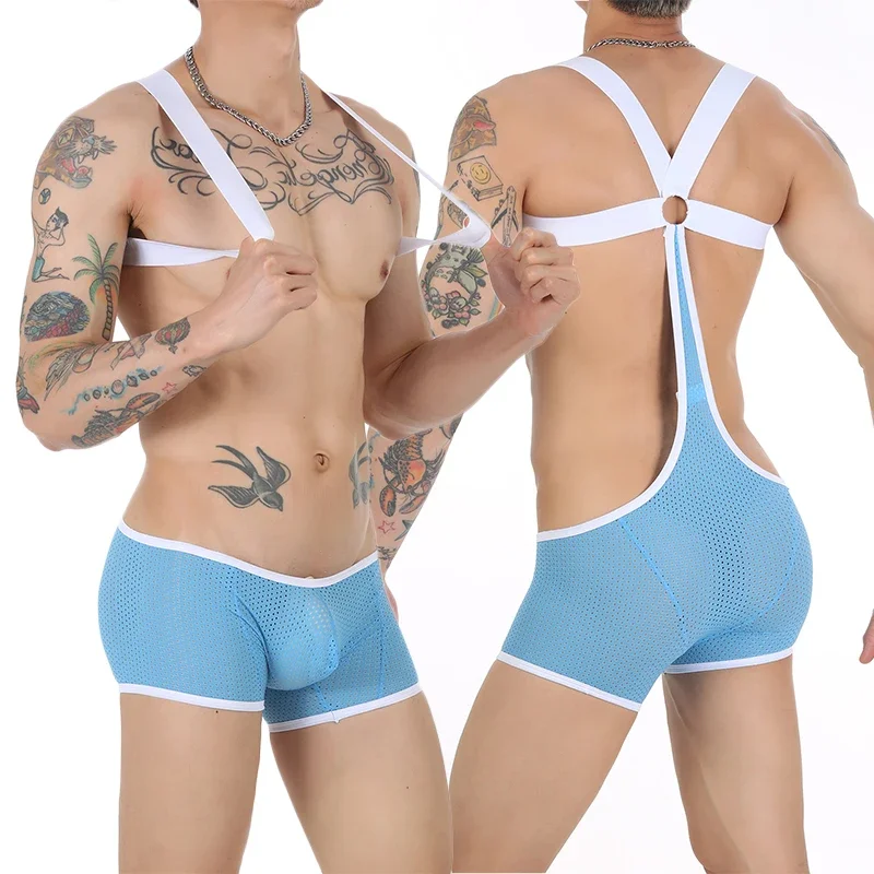 

Men's Sexy Openwork Mesh Boxer Shorts Jumpsuit Elastic Strap Body Tights Lingerie Sissy Bondage Costume Adult 18+