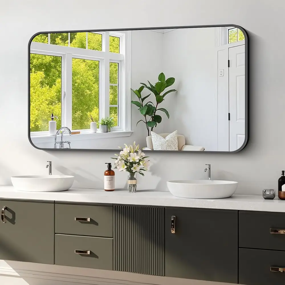 

Black ed Bathroom Mirror - 24x48 Inch Shatterproo Tempered Glass Vanity Mirror or Bathroom Sink, Wall Mounted with Matte Alloy e