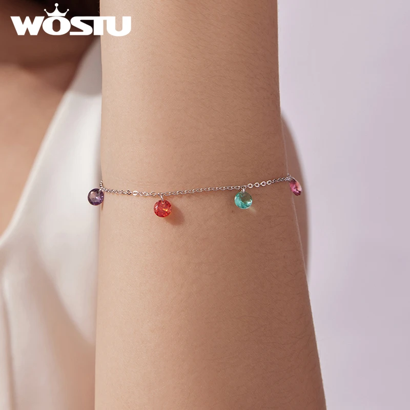 

WOSTU 925 Sterling Silver Colorful Bracelet Basic Beads Chain White Gold Sweet Anniversary For Women Lover Fine Jewelry Gift